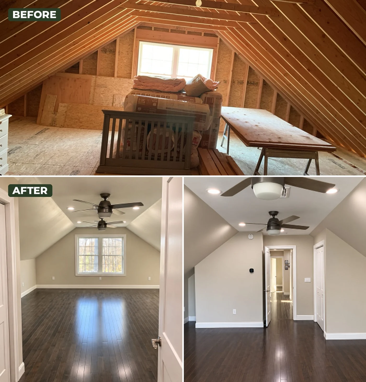 Before-and-after attic transformation from exposed framing to a finished room with flooring, lighting and ceiling fans